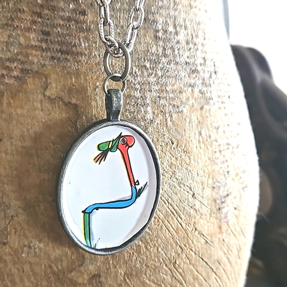 Lowly worm decoupage pendant w chain ooak upcycled childrens book Richard Scarry - Picture 8 of 8